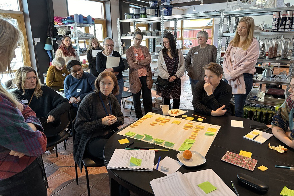 Tjänstedesigner från IRM leder workshop med bibliotekarier och förskolepedagoger i Haninge med syfte att ta fram idéer på hur de bättre kan främja barns språkutveckling