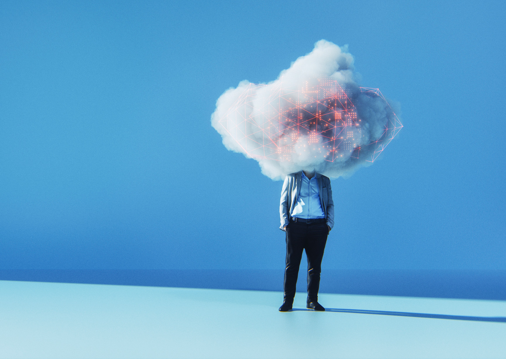 En man står på ett sluttande plan med huvudet i ett moln av data